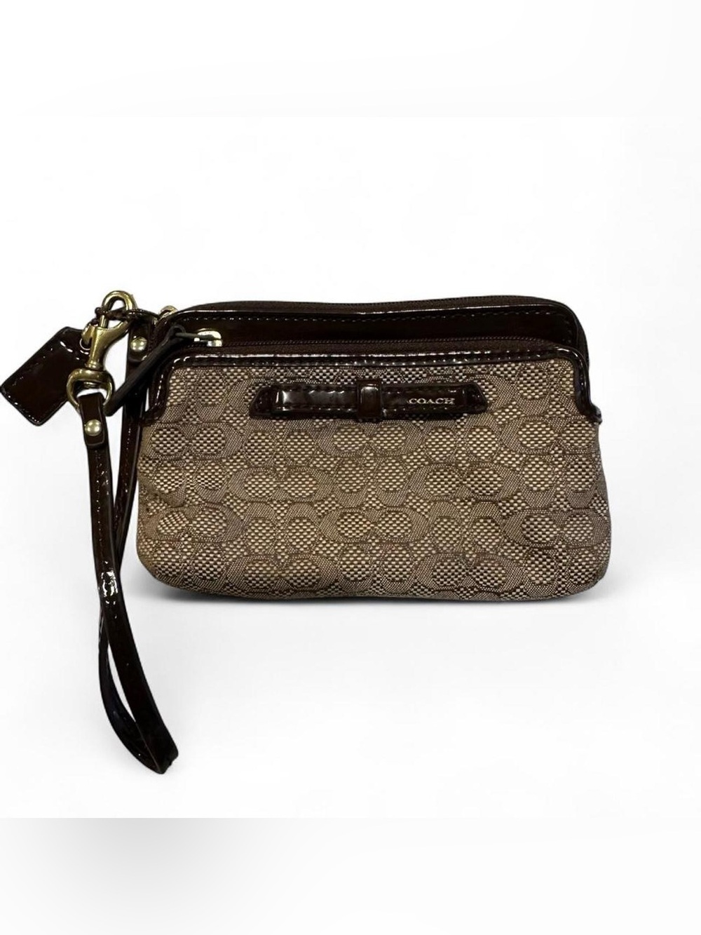 Coach Poppy Signature Oxford Double Zip Wristlet Dark Brown Leather Trim - Picture 3 of 5